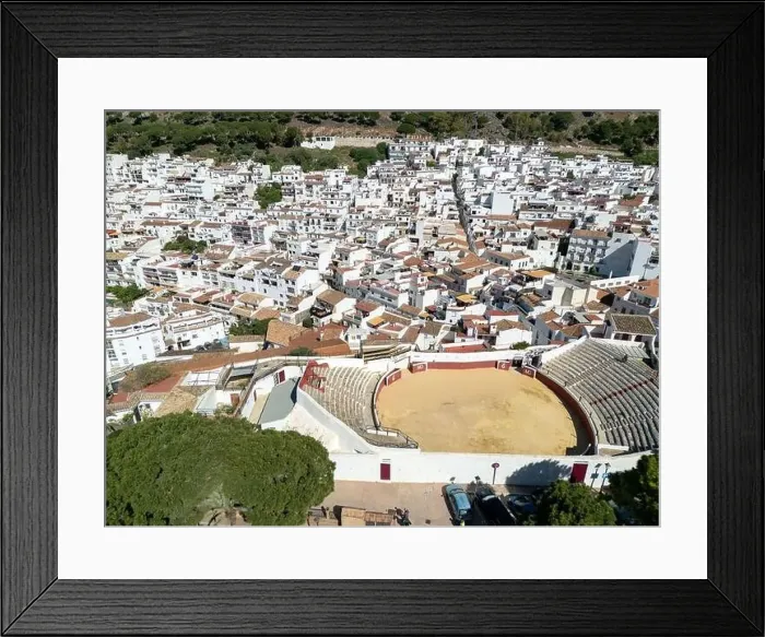 Framed Print : aerial view of the beautiful Mediterranean village of Mijas on the Costa del Sol of Malaga, Spain