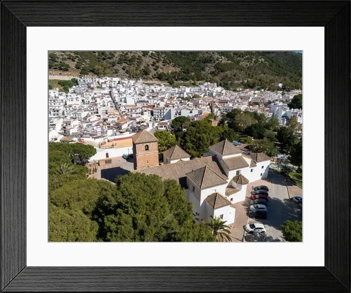 Framed Print : aerial view of the beautiful Mediterranean village of Mijas on the Costa del Sol of Malaga, Spain