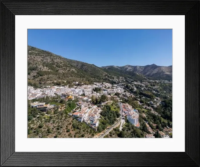 Framed Print : aerial view of the beautiful Mediterranean village of Mijas on the Costa del Sol of Malaga, Spain Framed Print : aerial view of the beautiful Mediterranean village of Mijas on the Costa del Sol of Malaga, Spain