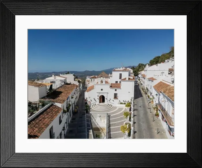 Framed Print : aerial view of the beautiful Mediterranean village of Mijas on the Costa del Sol of Malaga, Spain Framed Print : aerial view of the beautiful Mediterranean village of Mijas on the Costa del Sol of Malaga, Spain