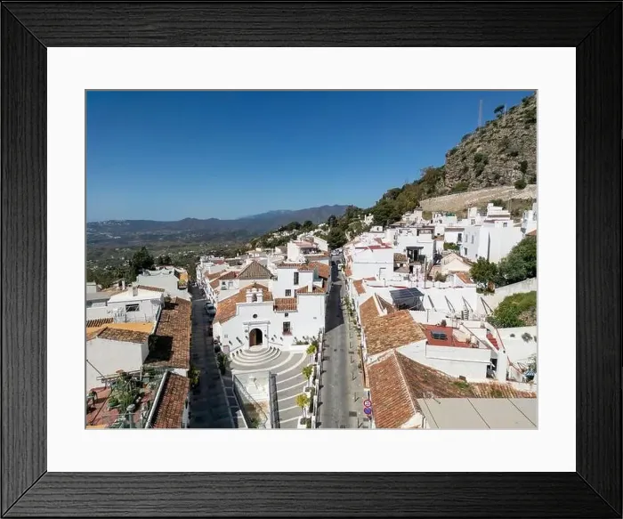 Framed Print : aerial view of the beautiful Mediterranean village of Mijas on the Costa del Sol of Malaga, Spain Framed Print : aerial view of the beautiful Mediterranean village of Mijas on the Costa del Sol of Malaga, Spain