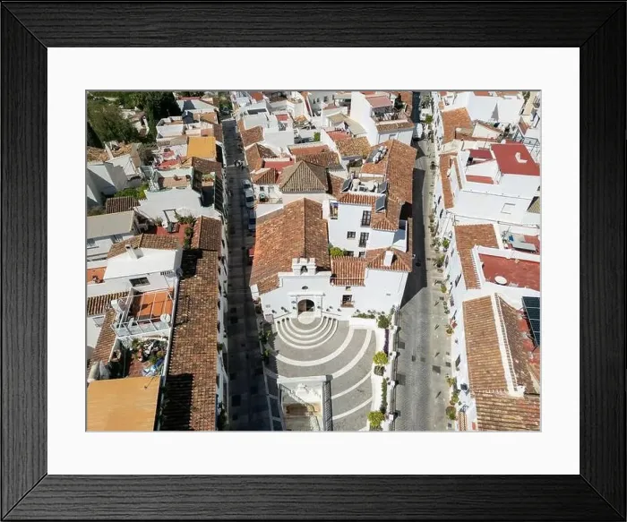 Framed Print : aerial view of the beautiful Mediterranean village of Mijas on the Costa del Sol of Malaga, Spain Framed Print : aerial view of the beautiful Mediterranean village of Mijas on the Costa del Sol of Malaga, Spain