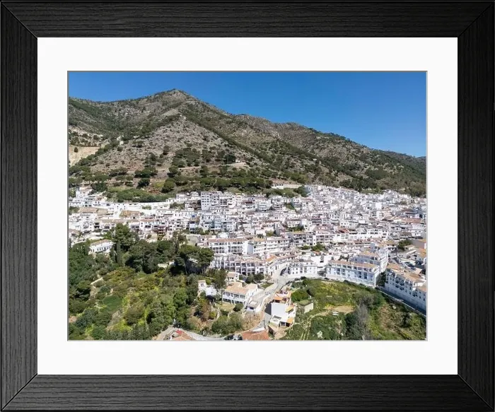 Framed Print : aerial view of the beautiful Mediterranean village of Mijas on the Costa del Sol of Malaga, Spain Framed Print : aerial view of the beautiful Mediterranean village of Mijas on the Costa del Sol of Malaga, Spain