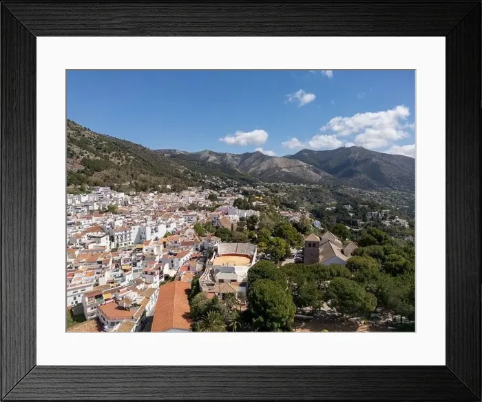 Framed Print : aerial view of the beautiful Mediterranean village of Mijas on the Costa del Sol of Malaga, Spain Framed Print : aerial view of the beautiful Mediterranean village of Mijas on the Costa del Sol of Malaga, Spain