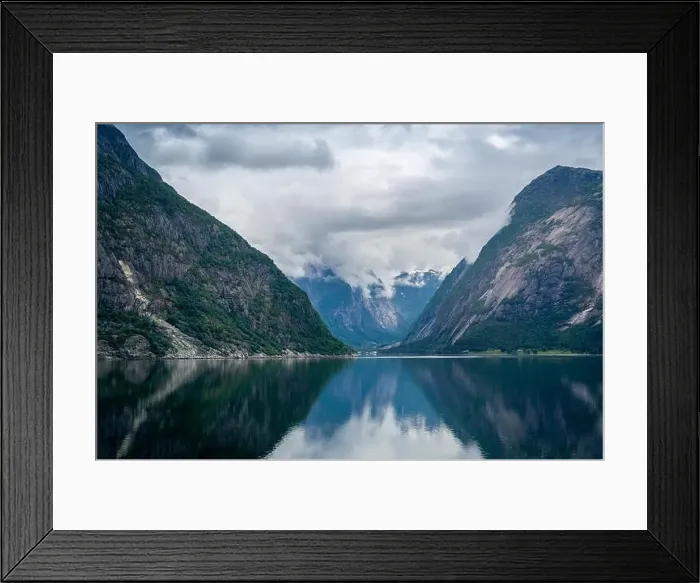 Framed Print : Norway fjord scenic landscape of Eidfjord with mountain reflections on the water Framed Print : Norway fjord scenic landscape of Eidfjord with mountain reflections on the water