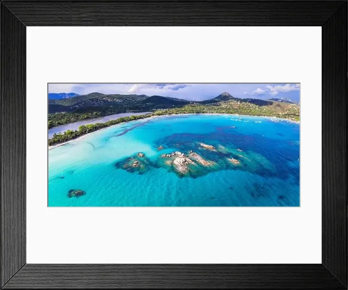 Framed Print : Best beaches of Corsica island - aerial view of beautiful Santa Giulia long beach with sault lake from one side Framed Print : Best beaches of Corsica island - aerial view of beautiful Santa Giulia long beach with sault lake from one side