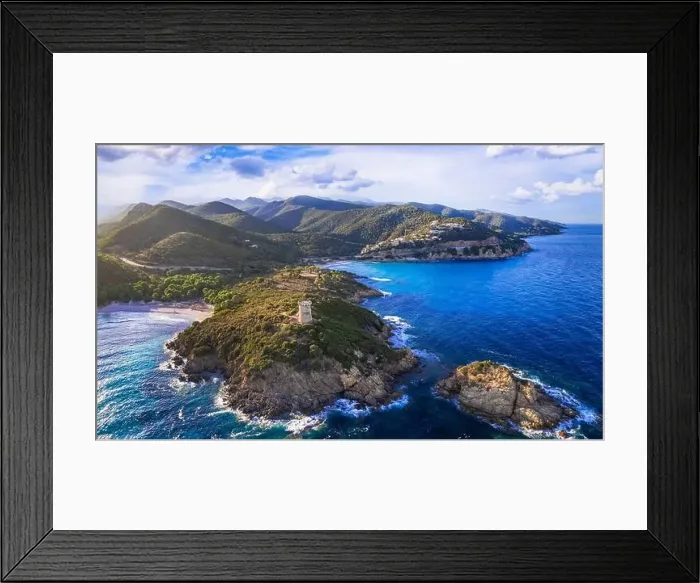 Framed Print : Scenic nature and beaches of Corsica island. Genoese towers - Torra di Fautea over sunset. aerial drone panoramic view Framed Print : Scenic nature and beaches of Corsica island. Genoese towers - Torra di Fautea over sunset. aerial drone panoramic view