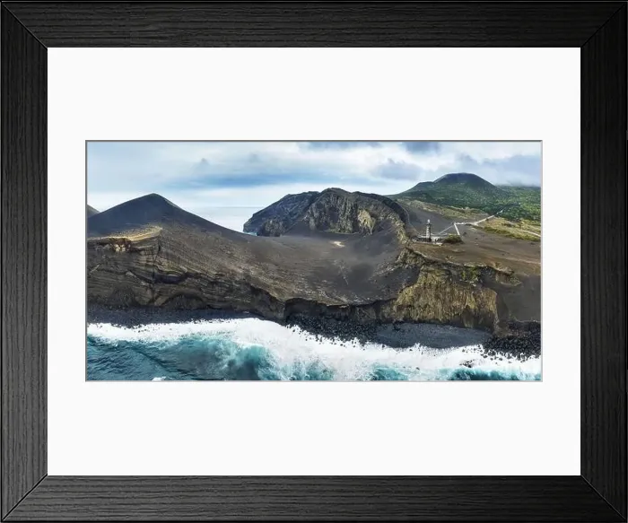 Framed Print : Volcano dos Capelinhos on the island Faial from drone, Panoramic view, Azores Framed Print : Volcano dos Capelinhos on the island Faial from drone, Panoramic view, Azores