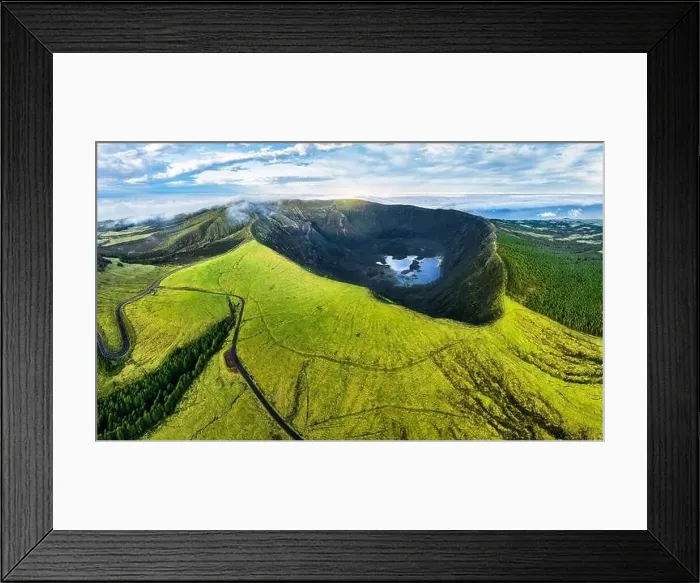Framed Print : Azores, Faial island - Aerial view from drone to green volcano Caldeira at sunrise, Portugal Framed Print : Azores, Faial island - Aerial view from drone to green volcano Caldeira at sunrise, Portugal