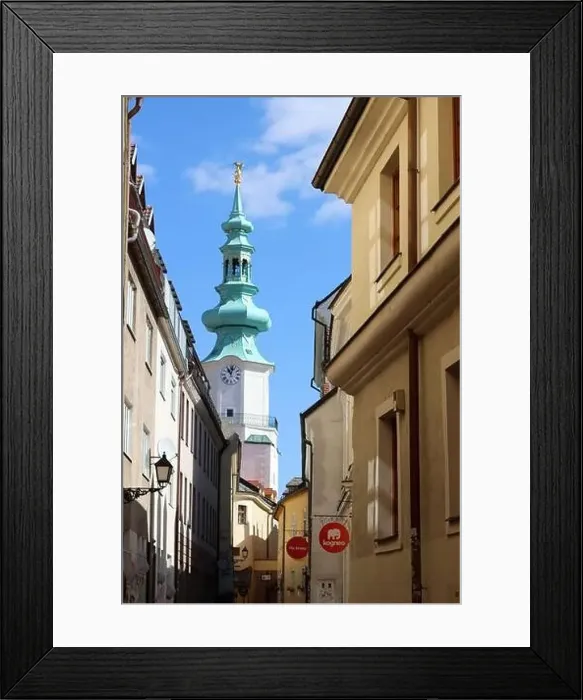 Framed Print : Beautiful tiny street in the old town of Bratislava, Slovakia. Architecture of Europe. Tourist destinations concept Framed Print : Beautiful tiny street in the old town of Bratislava, Slovakia. Architecture of Europe. Tourist destinations concept