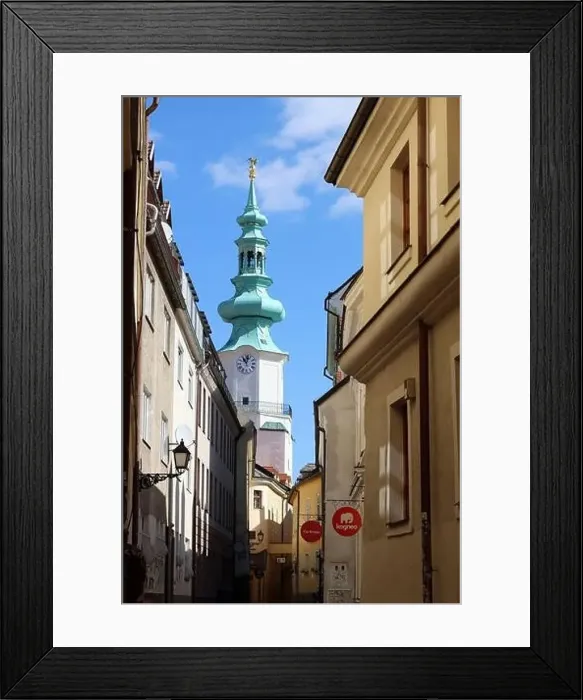 Framed Print : Beautiful tiny street in the old town of Bratislava, Slovakia. Architecture of Europe. Tourist destinations concept Framed Print : Beautiful tiny street in the old town of Bratislava, Slovakia. Architecture of Europe. Tourist destinations concept