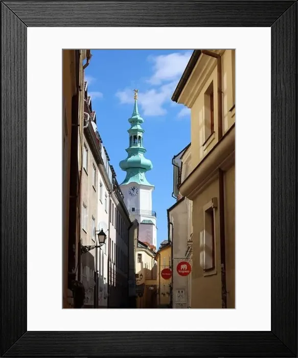 Framed Print : Beautiful tiny street in the old town of Bratislava, Slovakia. Architecture of Europe. Tourist destinations concept Framed Print : Beautiful tiny street in the old town of Bratislava, Slovakia. Architecture of Europe. Tourist destinations concept