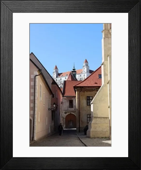 Framed Print : Beautiful tiny street in the old town of Bratislava, Slovakia. Architecture of Europe. Tourist destinations concept Framed Print : Beautiful tiny street in the old town of Bratislava, Slovakia. Architecture of Europe. Tourist destinations concept
