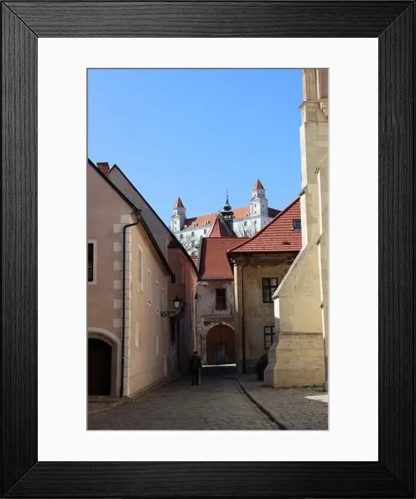 Framed Print : Beautiful tiny street in the old town of Bratislava, Slovakia. Architecture of Europe. Tourist destinations concept Framed Print : Beautiful tiny street in the old town of Bratislava, Slovakia. Architecture of Europe. Tourist destinations concept