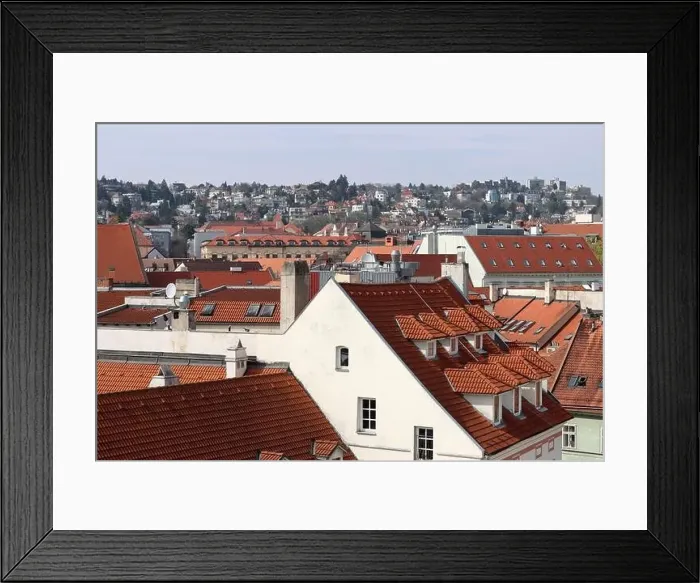 Framed Print : View of the Old Town from the Castle Hill, Bratislava, Slovakia. Street view, old red roofed houses. Spring in Europe Framed Print : View of the Old Town from the Castle Hill, Bratislava, Slovakia. Street view, old red roofed houses. Spring in Europe
