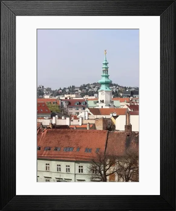 Framed Print : View of the Old Town from the Castle Hill, Bratislava, Slovakia. Street view, old red roofed houses. Spring in Europe Framed Print : View of the Old Town from the Castle Hill, Bratislava, Slovakia. Street view, old red roofed houses. Spring in Europe