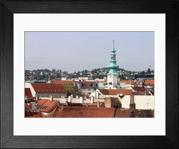 Framed Print : View of the Old Town from the Castle Hill, Bratislava, Slovakia. Street view, old red roofed houses. Spring in Europe Framed Print : View of the Old Town from the Castle Hill, Bratislava, Slovakia. Street view, old red roofed houses. Spring in Europe