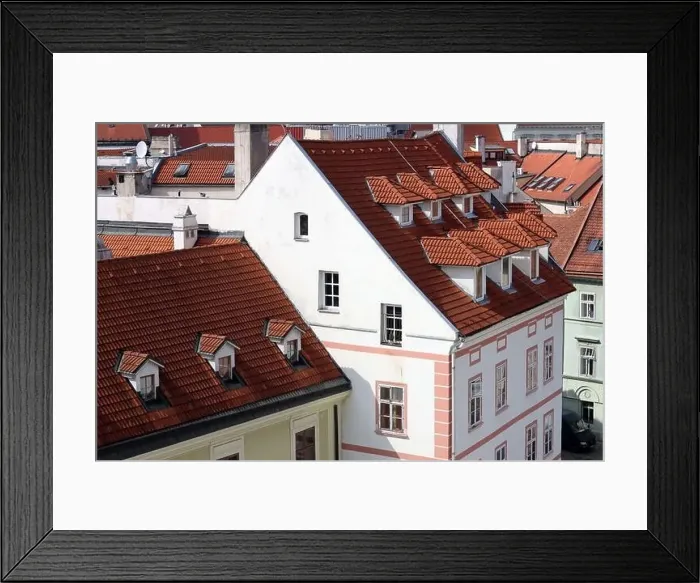 Framed Print : View of the Old Town from the Castle Hill, Bratislava, Slovakia. Street view, old red roofed houses. Spring in Europe Framed Print : View of the Old Town from the Castle Hill, Bratislava, Slovakia. Street view, old red roofed houses. Spring in Europe