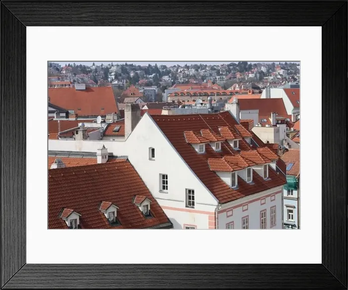 Framed Print : View of the Old Town from the Castle Hill, Bratislava, Slovakia. Street view, old red roofed houses. Spring in Europe Framed Print : View of the Old Town from the Castle Hill, Bratislava, Slovakia. Street view, old red roofed houses. Spring in Europe