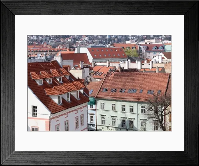 Framed Print : View of the Old Town from the Castle Hill, Bratislava, Slovakia. Street view, old red roofed houses. Spring in Europe Framed Print : View of the Old Town from the Castle Hill, Bratislava, Slovakia. Street view, old red roofed houses. Spring in Europe