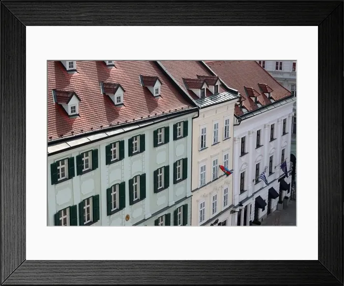 Framed Print : View of the Old Town from the Castle Hill, Bratislava, Slovakia. Street view, old red roofed houses. Spring in Europe Framed Print : View of the Old Town from the Castle Hill, Bratislava, Slovakia. Street view, old red roofed houses. Spring in Europe