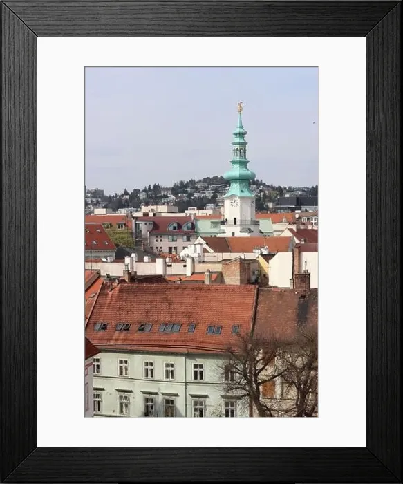 Framed Print : View of the Old Town from the Castle Hill, Bratislava, Slovakia. Street view, old red roofed houses. Spring in Europe Framed Print : View of the Old Town from the Castle Hill, Bratislava, Slovakia. Street view, old red roofed houses. Spring in Europe