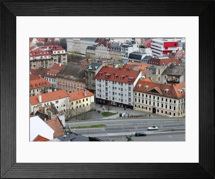 Framed Print : View of the Old Town from the Castle Hill, Bratislava, Slovakia. Street view, old red roofed houses. Spring in Europe Framed Print : View of the Old Town from the Castle Hill, Bratislava, Slovakia. Street view, old red roofed houses. Spring in Europe