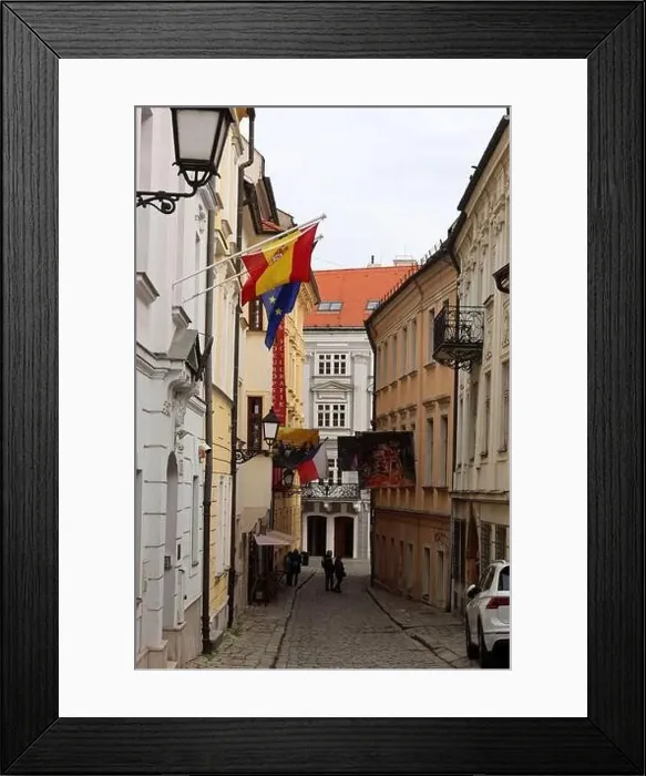 Framed Print : Beautiful tiny street in the old town of Bratislava, Slovakia. Architecture of Europe. Tourist destinations concept Framed Print : Beautiful tiny street in the old town of Bratislava, Slovakia. Architecture of Europe. Tourist destinations concept