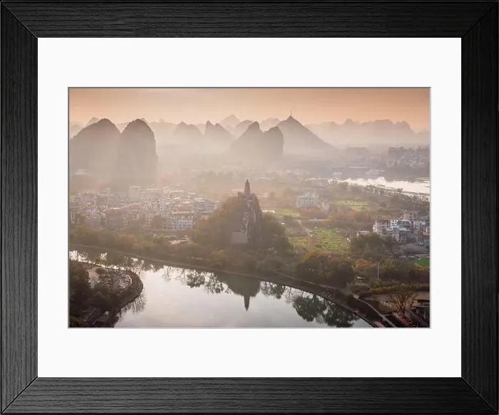 Framed Print : Drone Sunset View of Guilin, Li River and Karst mountains, Guilin city, Guangxi, province, China Framed Print : Drone Sunset View of Guilin, Li River and Karst mountains, Guilin city, Guangxi, province, China