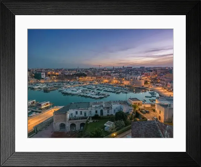 Framed Print : Aerial view of seafront and old town Bisceglie in Puglia with drone on sunset Framed Print : Aerial view of seafront and old town Bisceglie in Puglia with drone on sunset