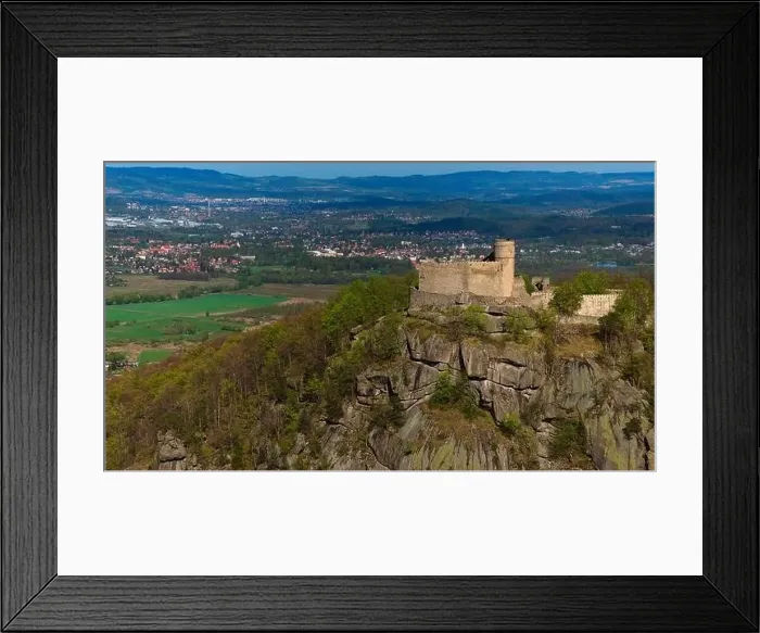 Framed Print : An aerial view captures the medieval Chojnik Castle atop a mountain in the Karkonosze range Framed Print : An aerial view captures the medieval Chojnik Castle atop a mountain in the Karkonosze range