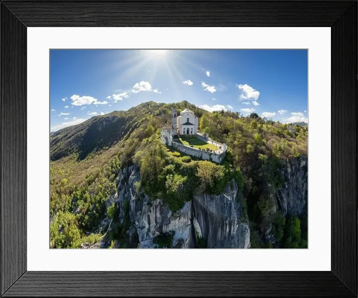 Framed Print : Aerial view of the Sanctuary on a rocky spur Santuario Madonna del Sasso Framed Print : Aerial view of the Sanctuary on a rocky spur Santuario Madonna del Sasso