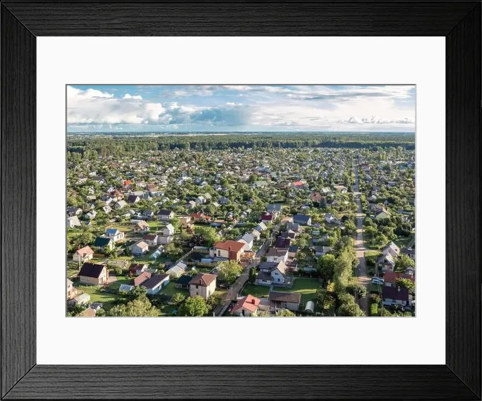 Framed Print : Small settlement with houses in rural areas, Lithuania Framed Print : Small settlement with houses in rural areas, Lithuania
