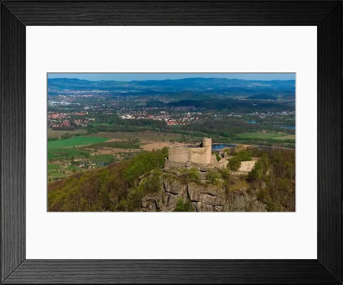 Framed Print : An aerial view captures the medieval Chojnik Castle atop a mountain in the Karkonosze range Framed Print : An aerial view captures the medieval Chojnik Castle atop a mountain in the Karkonosze range