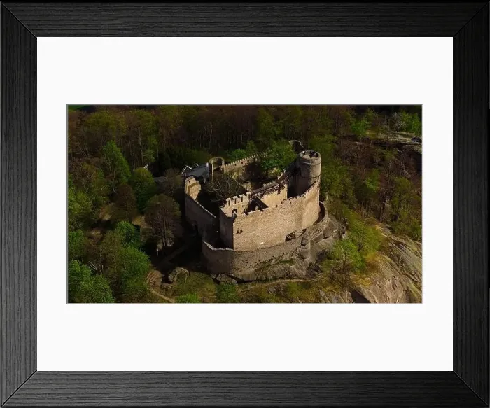 Framed Print : An aerial view captures the medieval Chojnik Castle atop a mountain in the Karkonosze range Framed Print : An aerial view captures the medieval Chojnik Castle atop a mountain in the Karkonosze range