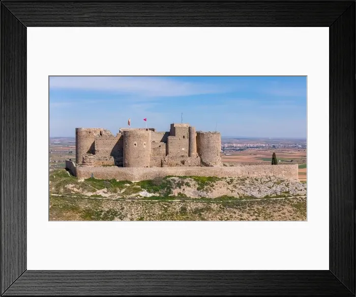 Framed Print : Aerial drone photo of the old windmills and castle in Consuegra, Spain Framed Print : Aerial drone photo of the old windmills and castle in Consuegra, Spain