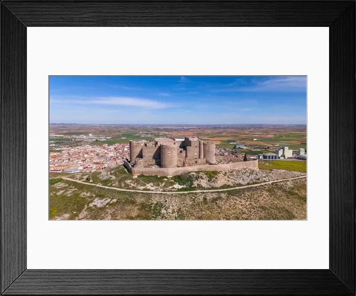 Framed Print : Aerial drone photo of the old windmills and castle in Consuegra, Spain Framed Print : Aerial drone photo of the old windmills and castle in Consuegra, Spain