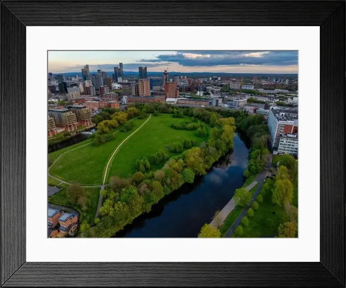 Framed Print : Aerial image taken above the river Irwell in Salford showing Manchester and Salford skyline Framed Print : Aerial image taken above the river Irwell in Salford showing Manchester and Salford skyline