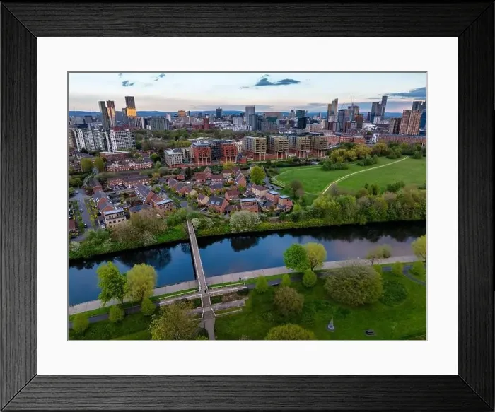 Framed Print : Aerial image taken above the river Irwell in Salford showing Manchester and Salford skyline Framed Print : Aerial image taken above the river Irwell in Salford showing Manchester and Salford skyline