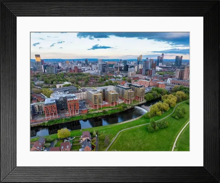 Framed Print : Aerial image taken above the river Irwell in Salford showing Manchester and Salford skyline Framed Print : Aerial image taken above the river Irwell in Salford showing Manchester and Salford skyline