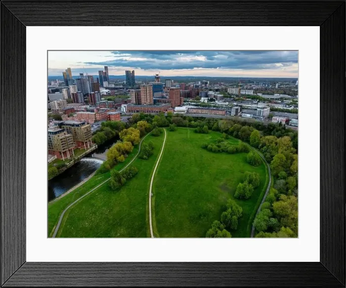 Framed Print : Aerial image taken above the river Irwell in Salford showing Manchester and Salford skyline Framed Print : Aerial image taken above the river Irwell in Salford showing Manchester and Salford skyline