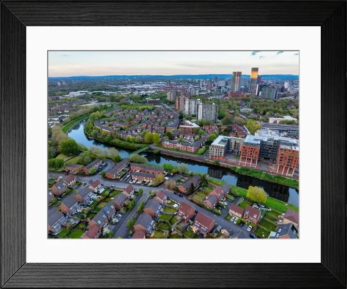Framed Print : Aerial image taken above the river Irwell in Salford showing Manchester and Salford skyline Framed Print : Aerial image taken above the river Irwell in Salford showing Manchester and Salford skyline