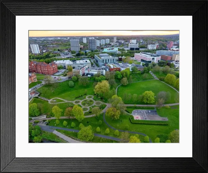 Framed Print : erial image of the Peel park in Salford UK and River Irwell Framed Print : erial image of the Peel park in Salford UK and River Irwell