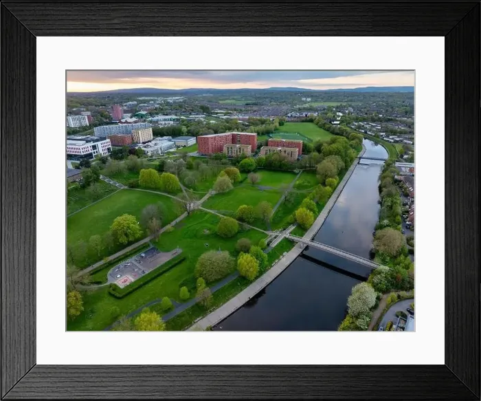 Framed Print : erial image of the Peel park in Salford UK and River Irwell Framed Print : erial image of the Peel park in Salford UK and River Irwell