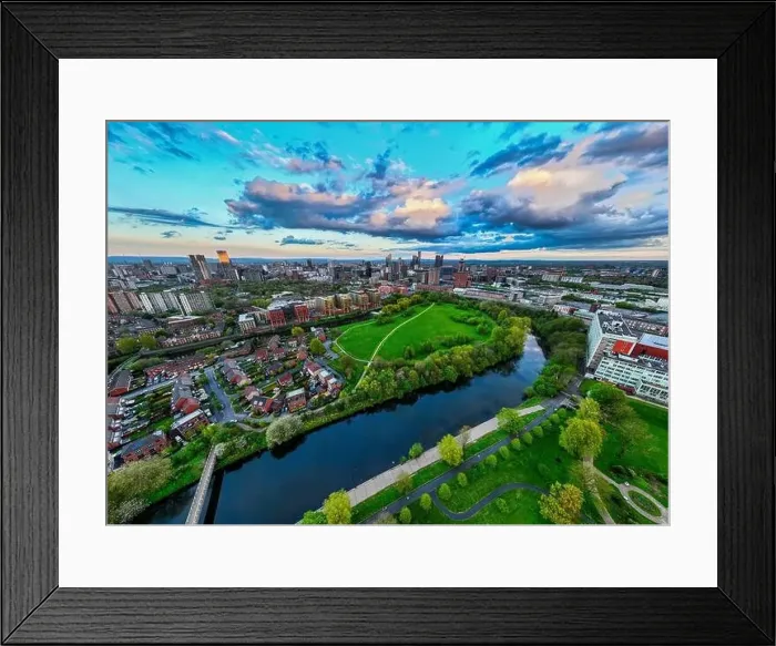 Framed Print : Ultra wide shot above the river Irwell showing the Meadow and Manchester skyline Framed Print : Ultra wide shot above the river Irwell showing the Meadow and Manchester skyline