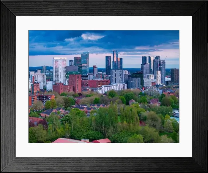 Framed Print : Aerial image of Manchester skyline at dusk Framed Print : Aerial image of Manchester skyline at dusk
