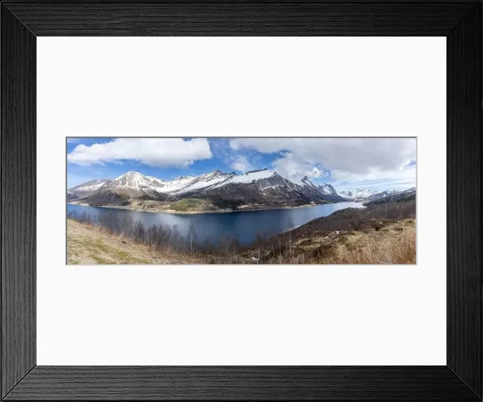 Framed Print : Panoramic drone view of the Bjærangfjorden in April in Nordland county, Norway Framed Print : Panoramic drone view of the Bjærangfjorden in April in Nordland county, Norway