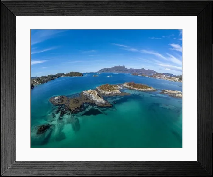 Framed Print : Drone shot over the islands of Storoya, Hestoya, Amnoya and Gronnoya in Nordland county, Norway Framed Print : Drone shot over the islands of Storoya, Hestoya, Amnoya and Gronnoya in Nordland county, Norway