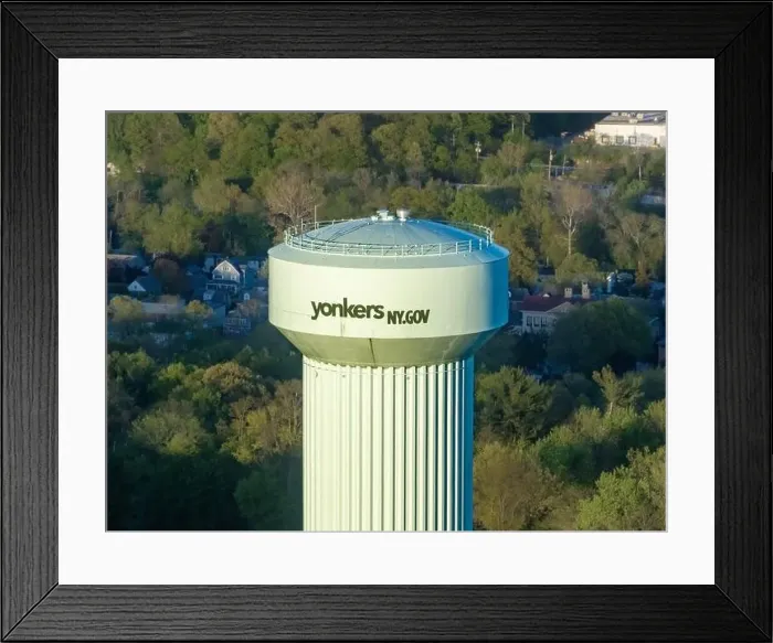 Framed Print : Yonkers, NY, USA - 05-02-2024: Aerial photos of green elevated water tower located in Yonkers, New York, USA Framed Print : Yonkers, NY, USA - 05-02-2024: Aerial photos of green elevated water tower located in Yonkers, New York, USA