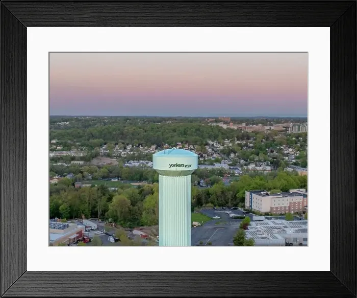 Framed Print : Yonkers, NY, USA - 05-02-2024: Aerial photos of green elevated water tower located in Yonkers, New York, USA Framed Print : Yonkers, NY, USA - 05-02-2024: Aerial photos of green elevated water tower located in Yonkers, New York, USA